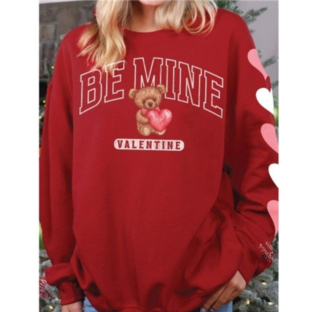 EUC Simply Southern "Be Mine🐻🩷🤍Valentine Crewneck Sweatshirt" Red❤️ Sz XS-S - Picture 4 of 12